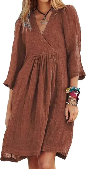 Kubbon Womens Summer Dresses Cotton Linen A Line Dresses Loose Half Sleeve V Neck Dress Flowy Midi Dress 2025 Fashion