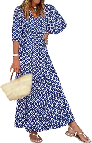 Kubbon Womens Summer Maxi Dress 2025 Puff Sleeve Boho Dresses Casual Geometric Pattern Flowy Beach Dress Vacation Travel