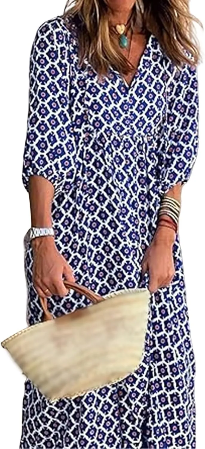 Kubbon Womens Summer Maxi Dress 2025 Puff Sleeve Boho Dresses Casual Geometric Pattern Flowy Beach Dress Vacation Travel