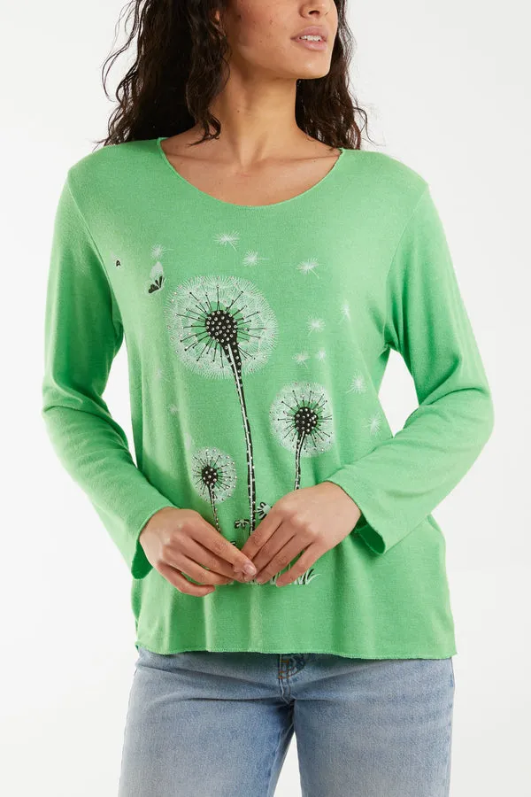 Ladies Green Dandelion Print Fine Knit Long Sleeve Jumper