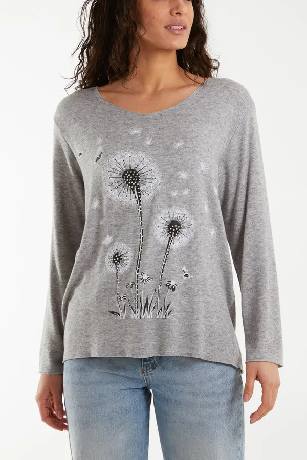 Ladies Grey Dandelion Print Top