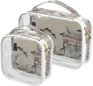 Landscape Painting 2 Pack Clear Toiletry Bag Women Men, Portable Waterproof Clear Pouch, Cosmetic Bag with Double Zippers Large Opening Traveling with Handle for Bathroom Traveling Vacation Organizing