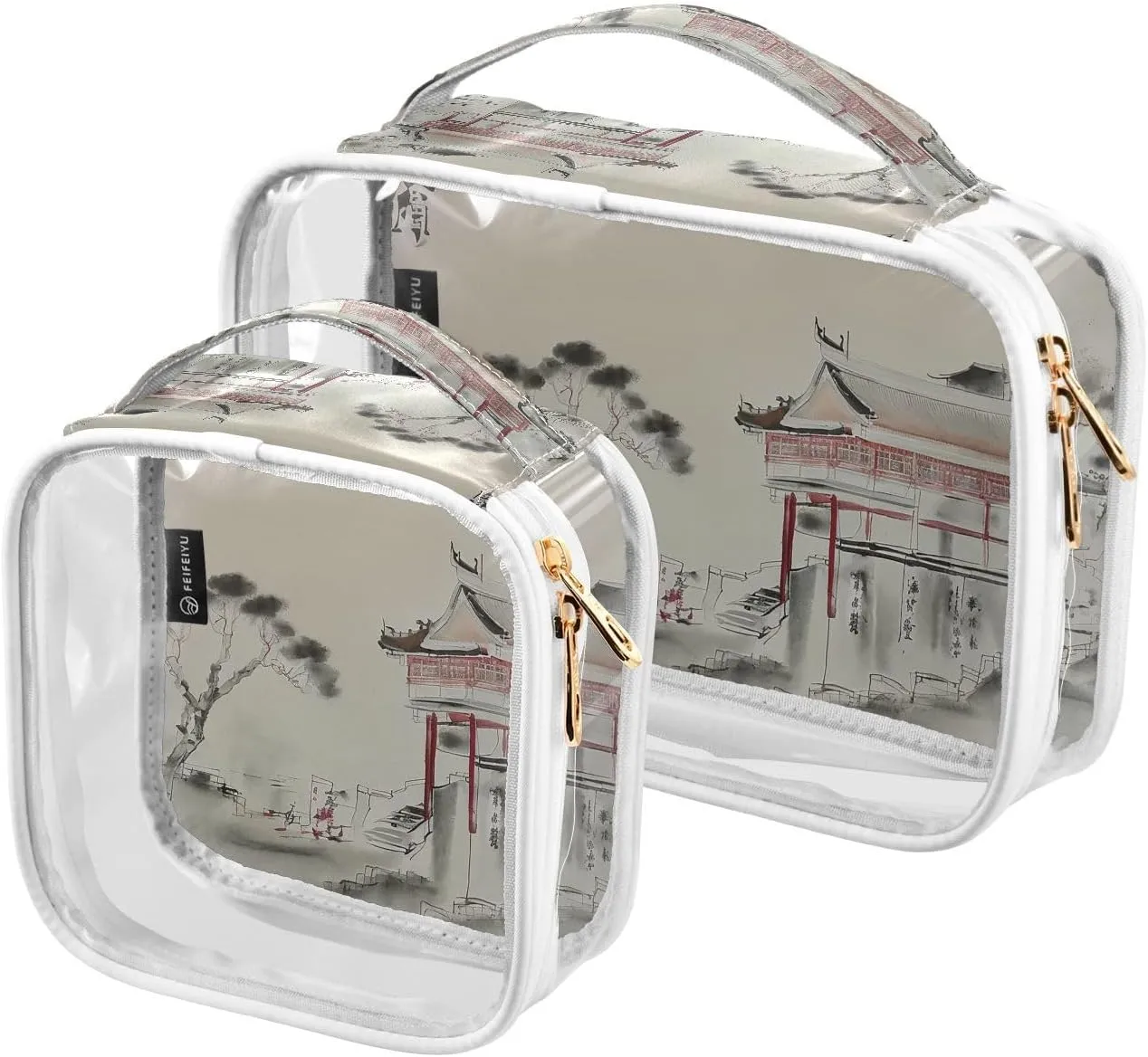 Landscape Painting 2 Pack Clear Toiletry Bag Women Men, Portable Waterproof Clear Pouch, Cosmetic Bag with Double Zippers Large Opening Traveling with Handle for Bathroom Traveling Vacation Organizing