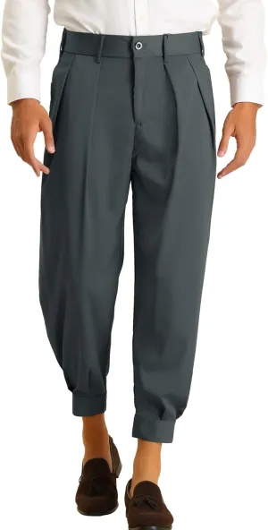 Lars Amadeus Cropped Formal Pants for Men's Solid Color Double Pleated Tapered Dress Pants