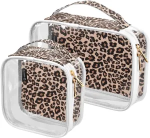Leopard Pattern 2 Pack Clear Toiletry Bag Women Men, Portable Waterproof Clear Pouch, Cosmetic Bag with Double Zippers Large Opening Traveling with Handle for Bathroom Traveling Vacation Organizing