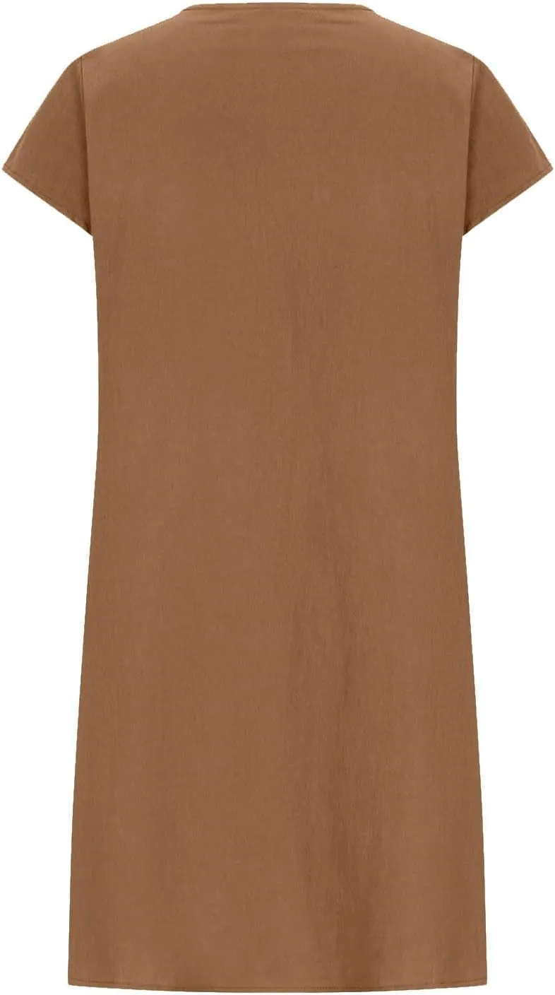Linen Dresses for Women 2025 Casual Pleated Sundresses Loose Fit Solid Short Sleeve Mini Dress Beach Vacation Dress