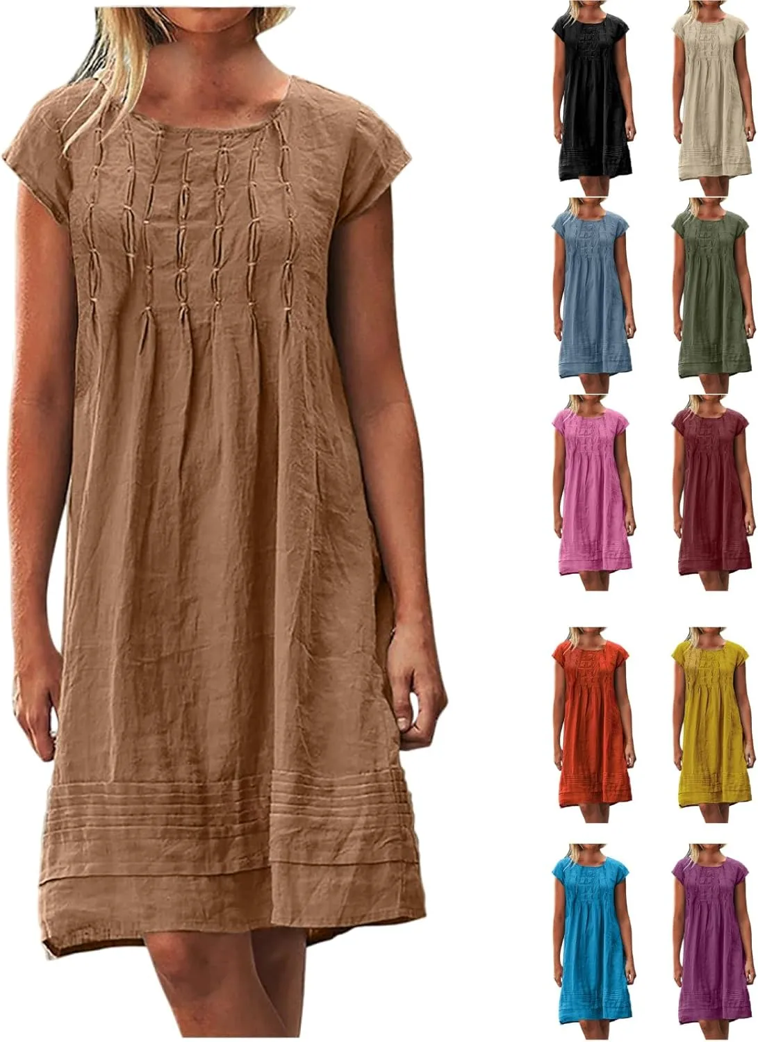 Linen Dresses for Women 2025 Casual Pleated Sundresses Loose Fit Solid Short Sleeve Mini Dress Beach Vacation Dress
