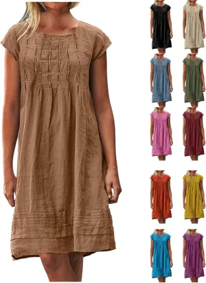 Linen Dresses for Women 2025 Casual Pleated Sundresses Loose Fit Solid Short Sleeve Mini Dress Beach Vacation Dress