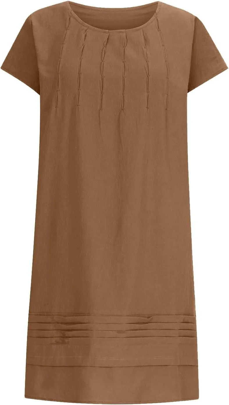 Linen Dresses for Women 2025 Casual Pleated Sundresses Loose Fit Solid Short Sleeve Mini Dress Beach Vacation Dress