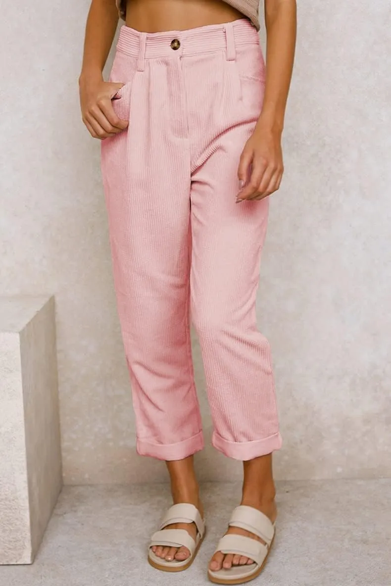 LOAIHA Women Corduroy Barrel Pants Mid-Rise Elastic Waist Harem Pants Wide Leg Baggy Trouser Work Casual Loose Cropped Pants
