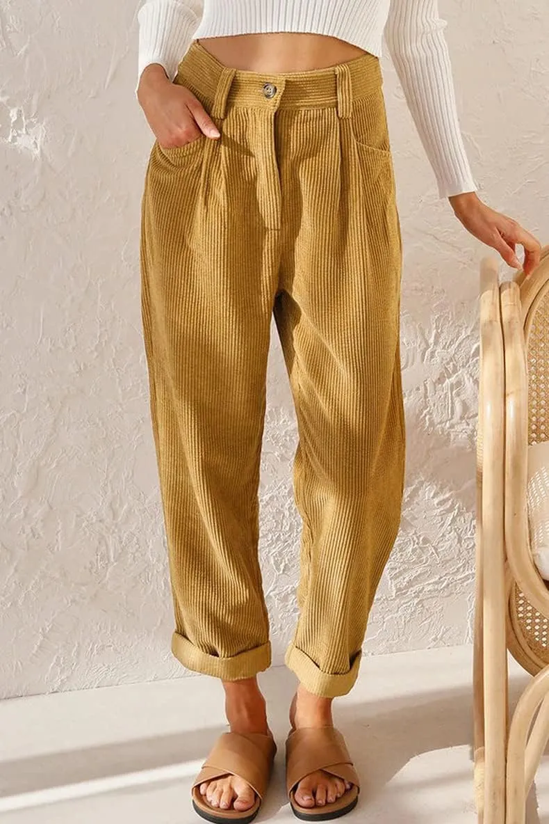 LOAIHA Women Corduroy Barrel Pants Mid-Rise Elastic Waist Harem Pants Wide Leg Baggy Trouser Work Casual Loose Cropped Pants