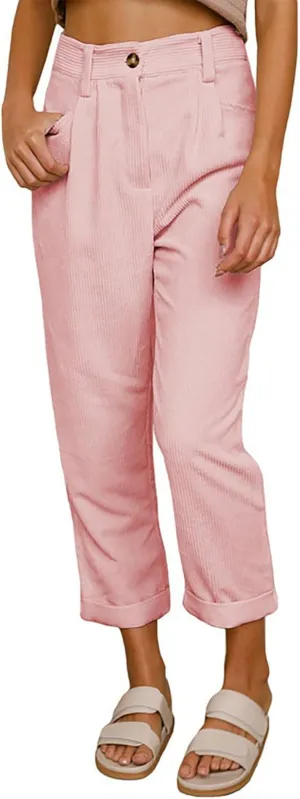 LOAIHA Women Corduroy Barrel Pants Mid-Rise Elastic Waist Harem Pants Wide Leg Baggy Trouser Work Casual Loose Cropped Pants