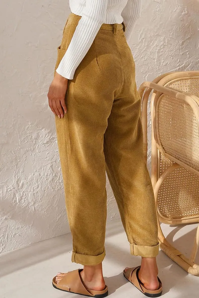 LOAIHA Women Corduroy Barrel Pants Mid-Rise Elastic Waist Harem Pants Wide Leg Baggy Trouser Work Casual Loose Cropped Pants