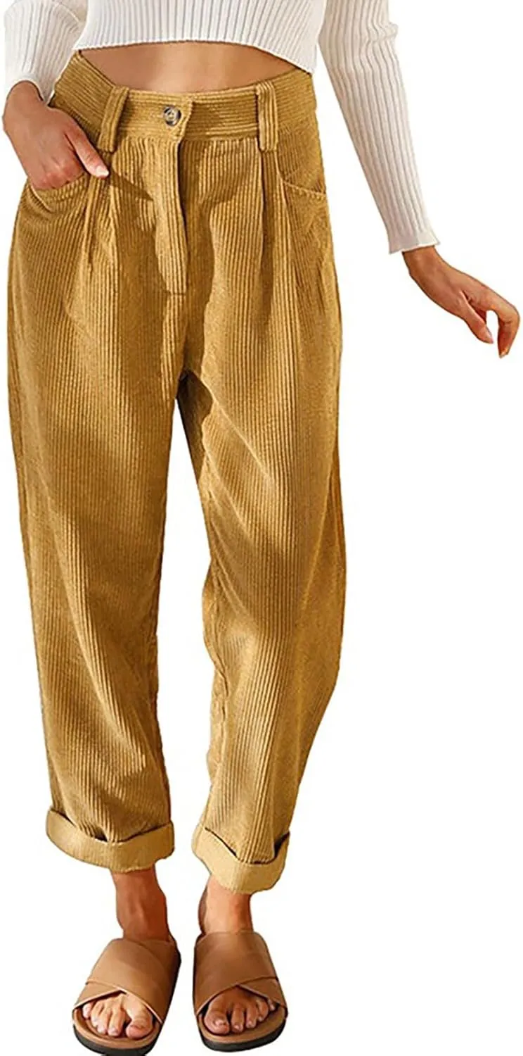 LOAIHA Women Corduroy Barrel Pants Mid-Rise Elastic Waist Harem Pants Wide Leg Baggy Trouser Work Casual Loose Cropped Pants