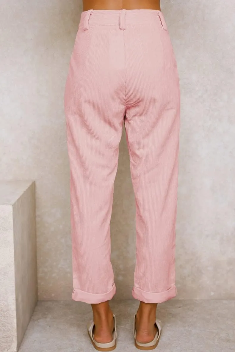 LOAIHA Women Corduroy Barrel Pants Mid-Rise Elastic Waist Harem Pants Wide Leg Baggy Trouser Work Casual Loose Cropped Pants