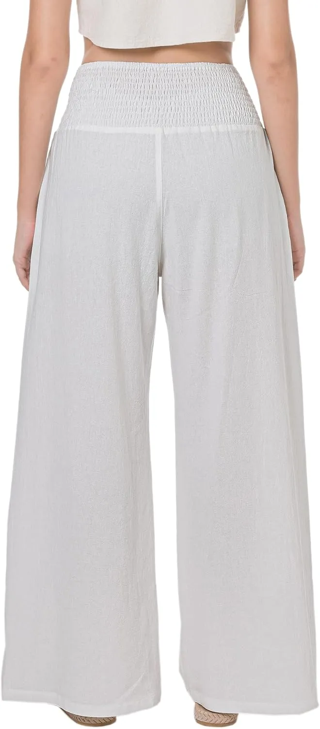 LOFBAZ Women Summer Flowy Cotton Linen Palazzo Wide Leg Pants Beach High Waisted Trousers Boho Long Lounge Pant with Pockets
