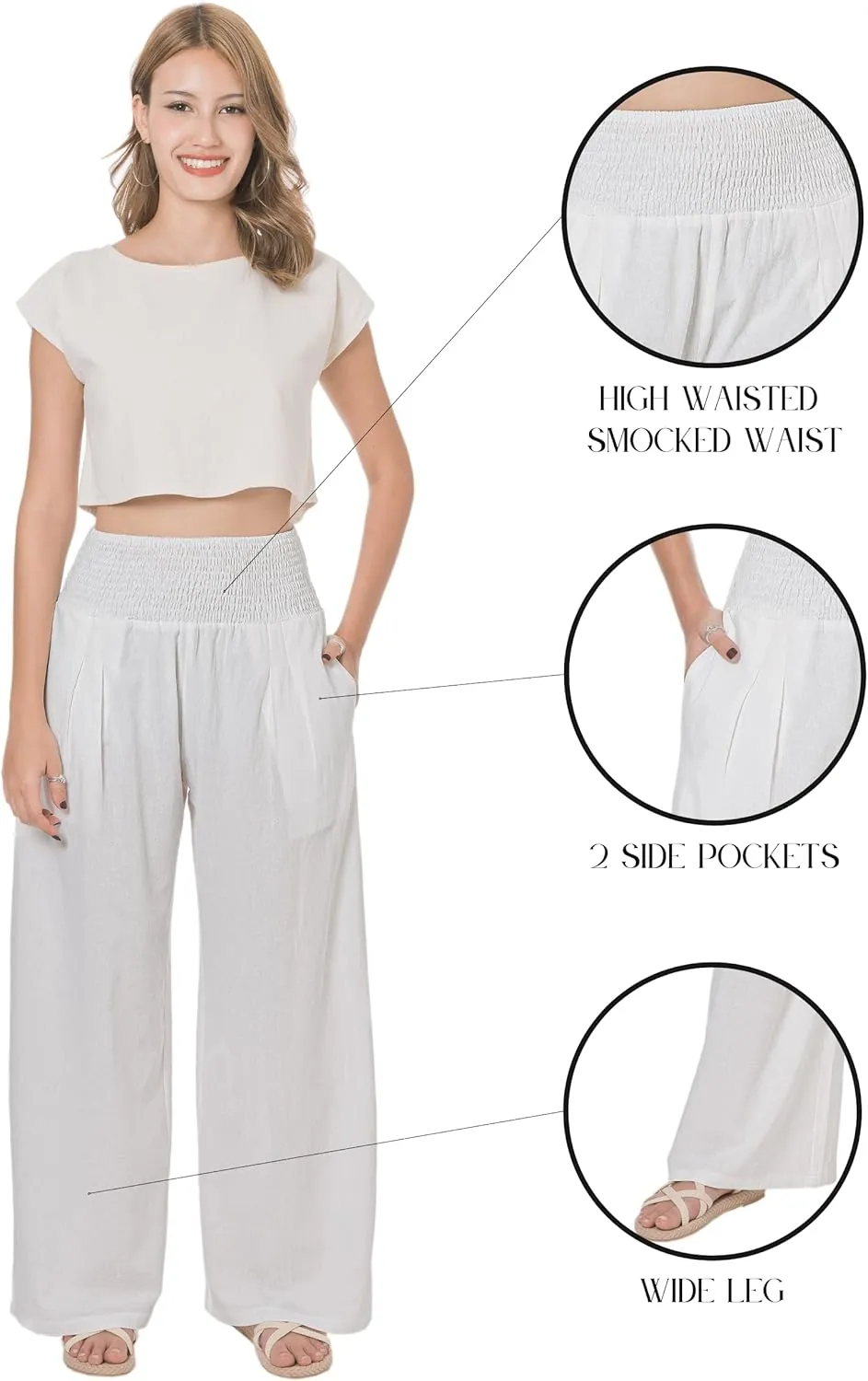 LOFBAZ Women Summer Flowy Cotton Linen Palazzo Wide Leg Pants Beach High Waisted Trousers Boho Long Lounge Pant with Pockets