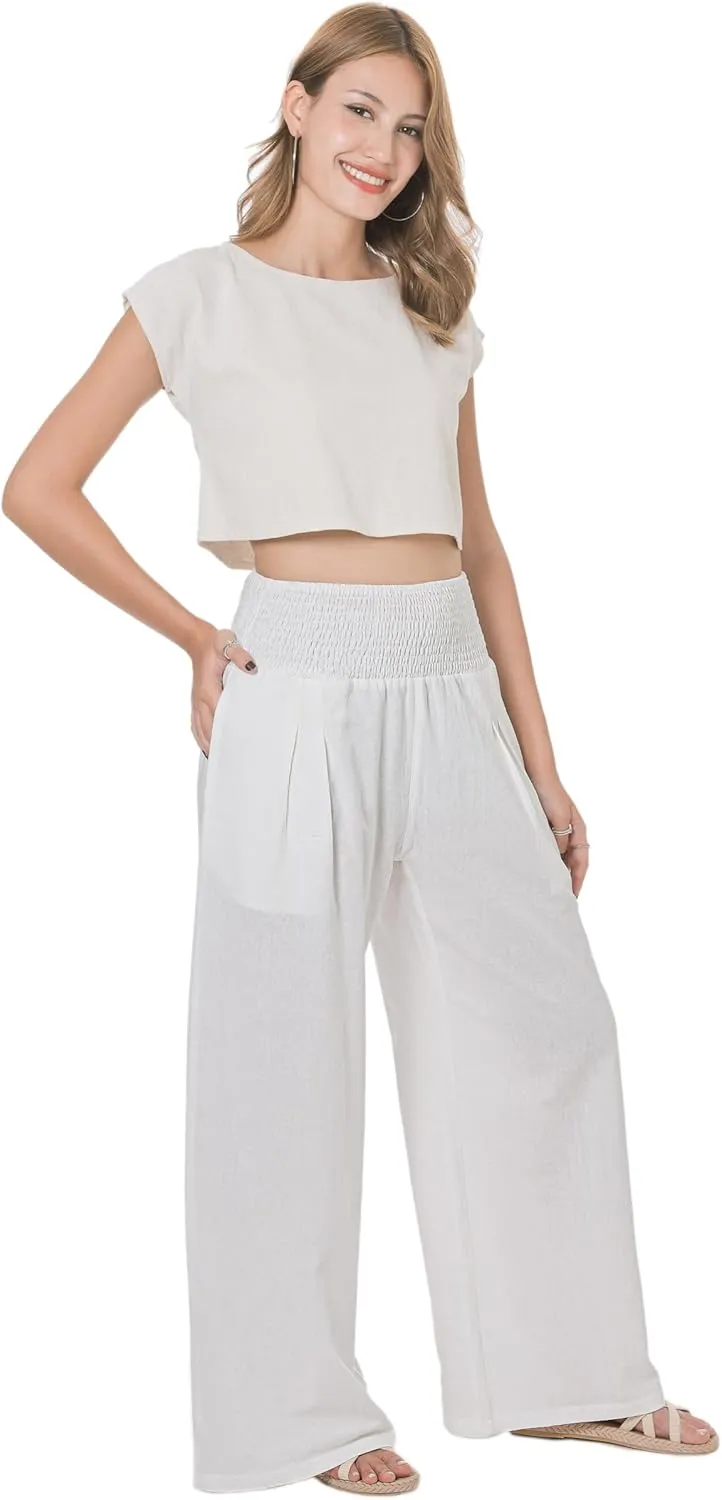 LOFBAZ Women Summer Flowy Cotton Linen Palazzo Wide Leg Pants Beach High Waisted Trousers Boho Long Lounge Pant with Pockets