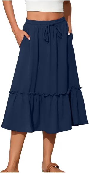 Long Ruffle Skirt for Women Fashion Flowy Boho Maxi Skirts Elastic High Wasit A-Line Pleated Tiered Beach Skirts