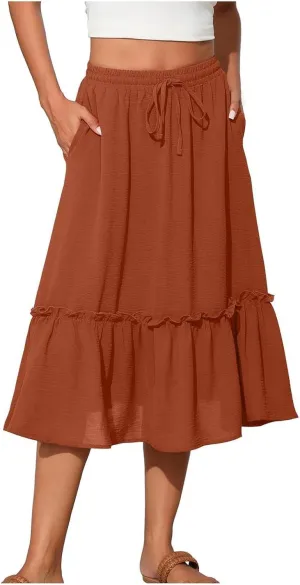 Long Ruffle Skirt for Women Fashion Flowy Boho Maxi Skirts Elastic High Wasit A-Line Pleated Tiered Beach Skirts
