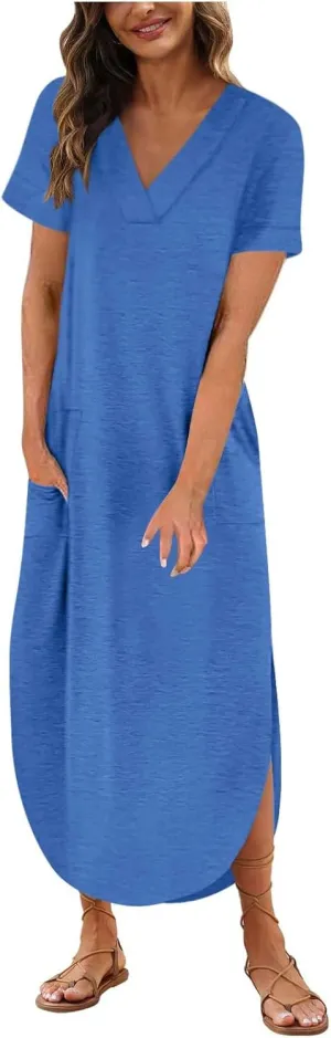 Long Summer Dresses for Women 2024 Casual Loose Split Short Sleeve T Shirt Dresses Beach Sun dresses with Pockets