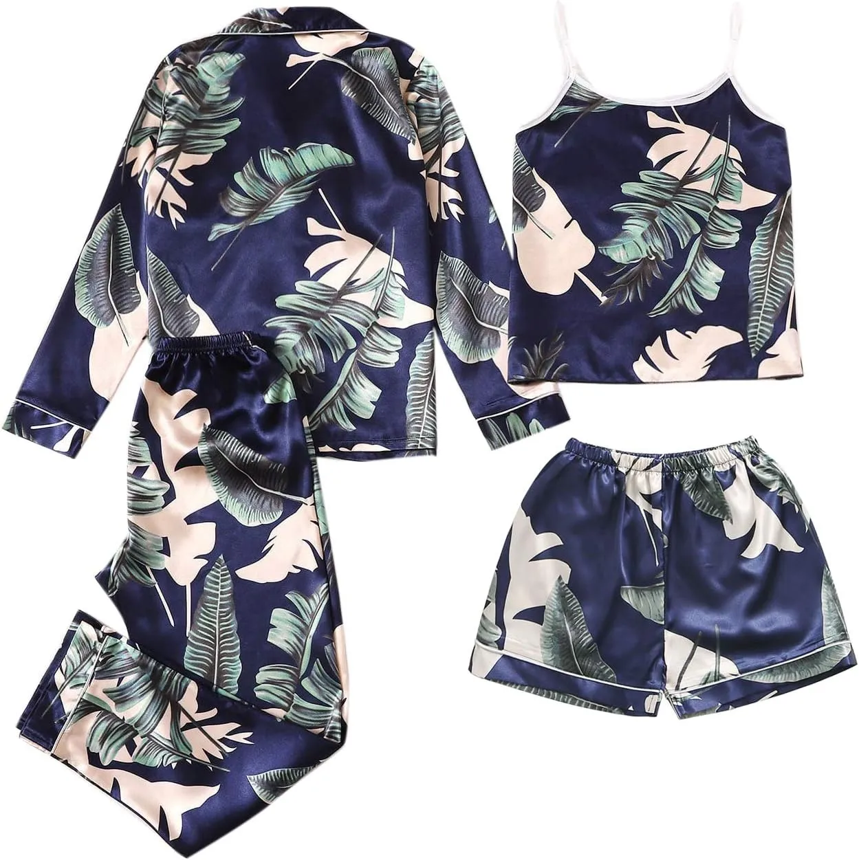 LYANER Women's Pajamas Set 4 pcs Satin Silk Cami Top Button Down Loungewear Pjs Set