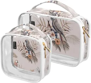 Macaw-tropical-pattern 2 Pack Clear Toiletry Bag Women Men, Portable Waterproof Clear Pouch, Cosmetic Bag with Double Zippers Large Opening Traveling with Handle for Bathroom Traveling Vacation Organi