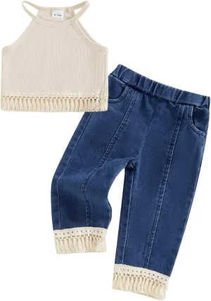 Madjtlqy Baby Girl Clothes Toddler Summer Outfits Tassel Camisole and Denim Pants Jeans 6 12 18 24 Months 2t 3t
