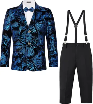MAGE MALE Boys 3 Pieces Suit Colour Jacquard Slim Fit Jacket Pants Set for Wedding Prom Party Tuxedo with Kids Suspenders