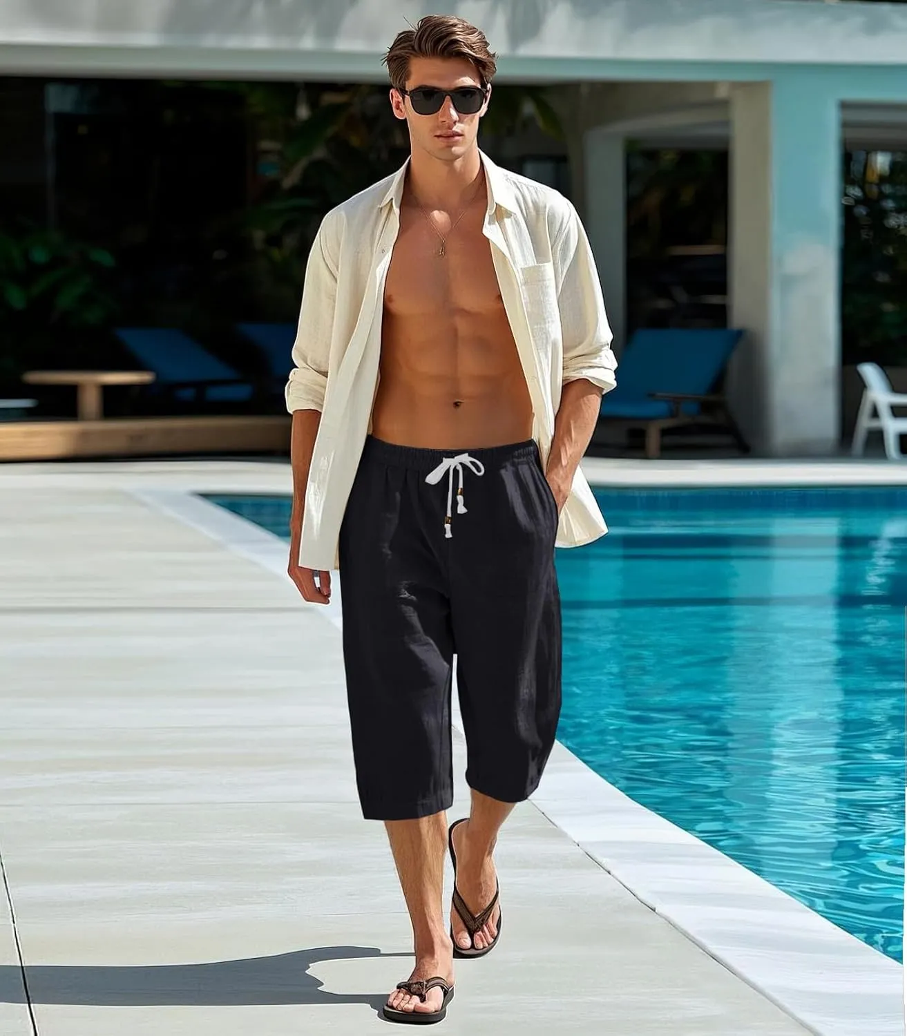 MAGNIVIT Men's Linen Cotton Capri Pants Loose Fit Elastic Waist Wide Leg Baggy Harem Pants