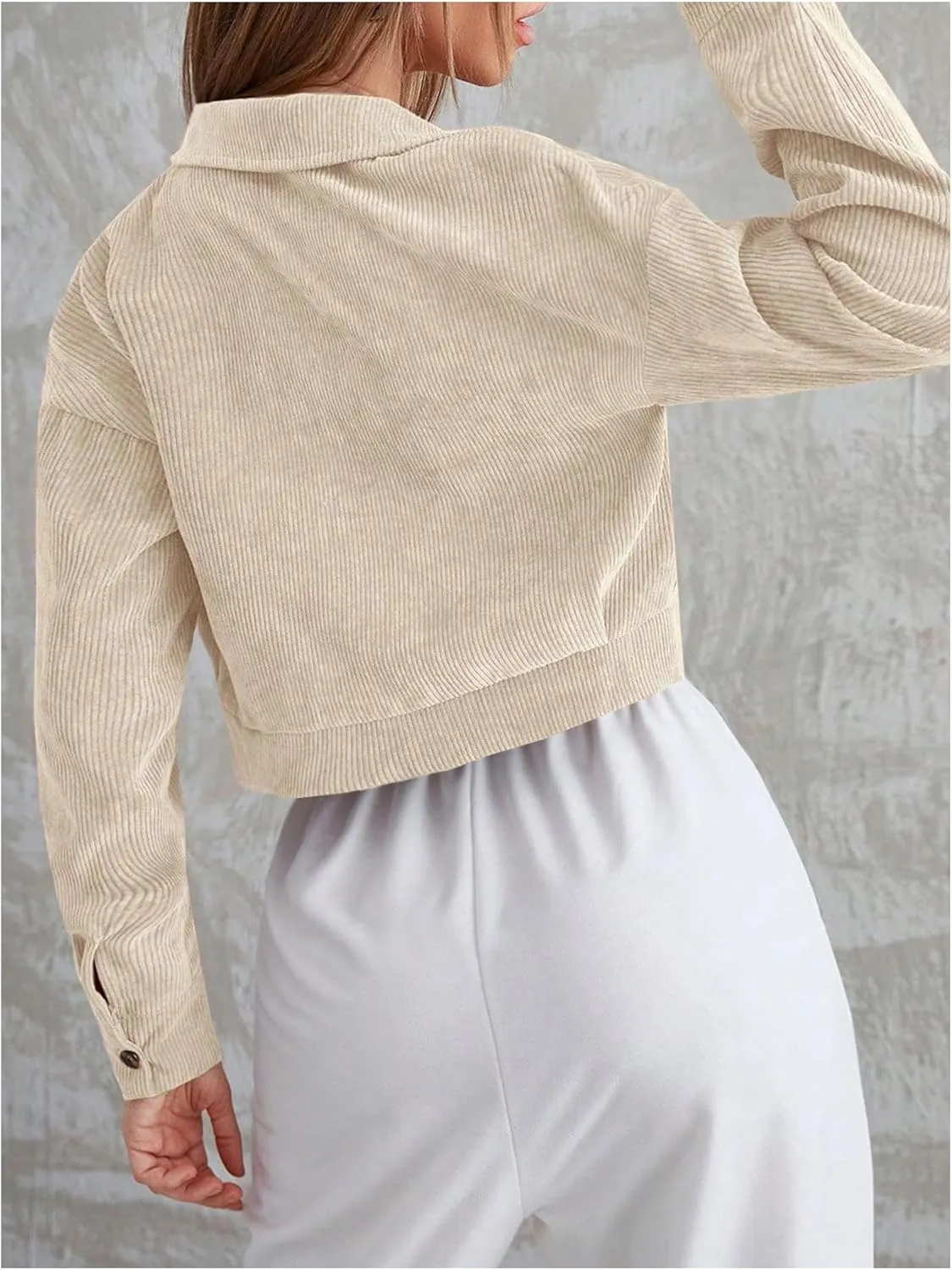 MakeMeChic Women's Button Down Flap Pocket Front Corduroy Jacket Long Sleeve Lapel Collar Crop Coat