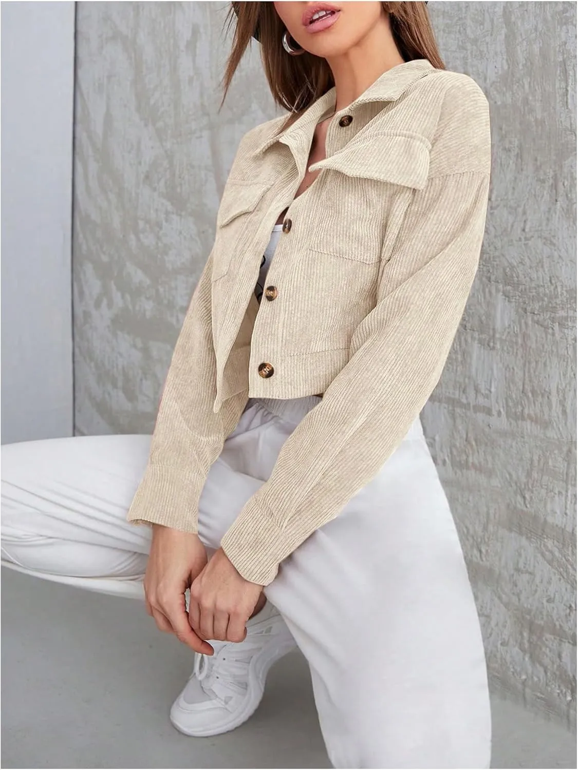 MakeMeChic Women's Button Down Flap Pocket Front Corduroy Jacket Long Sleeve Lapel Collar Crop Coat