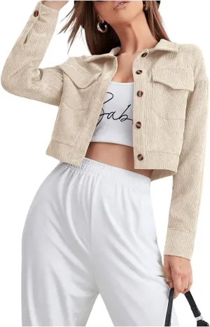 MakeMeChic Women's Button Down Flap Pocket Front Corduroy Jacket Long Sleeve Lapel Collar Crop Coat