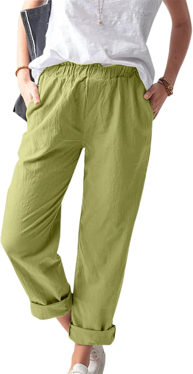 Maryia Linen Pants for Women Summer Casual Elastic Waist Rolled Wide Leg Pants Solid Lounge Beach Trousers