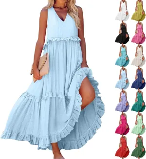 Maxi Dresses for Women 2025 Summer Ruffle V Neck Sundress Tiered Tea Party Dress Sleeveless Long Flowy Dress