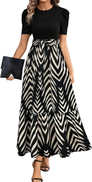 Maxi Dresses for Women,2025 Spring Summer Elegant Crewneck Short Sleeve Beach Dress Trendy Floral Flowy Boho Dress