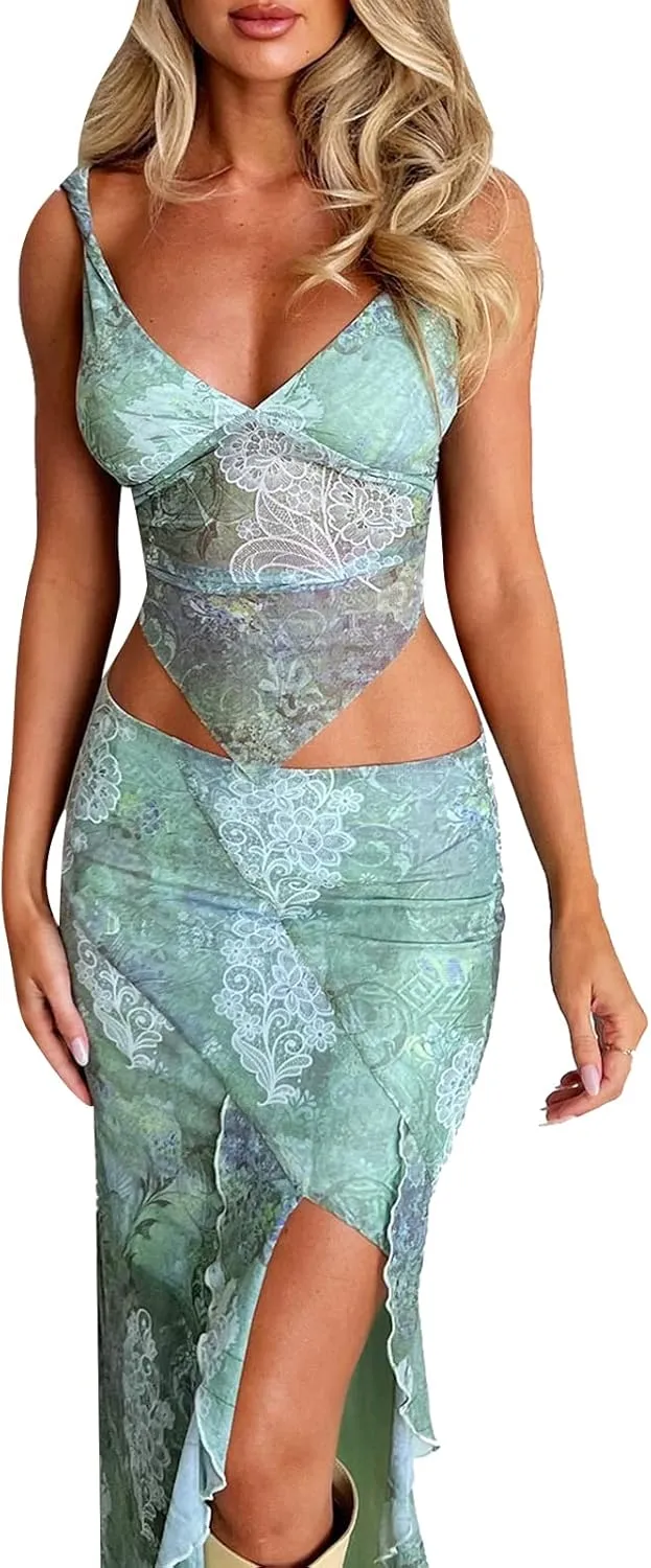 Maxi Skirt Sets Women 2 Piece Outfits Sexy Strapless Crop Tube Top Bodycon Long Skirts Y2K Skirt Set Beachwear