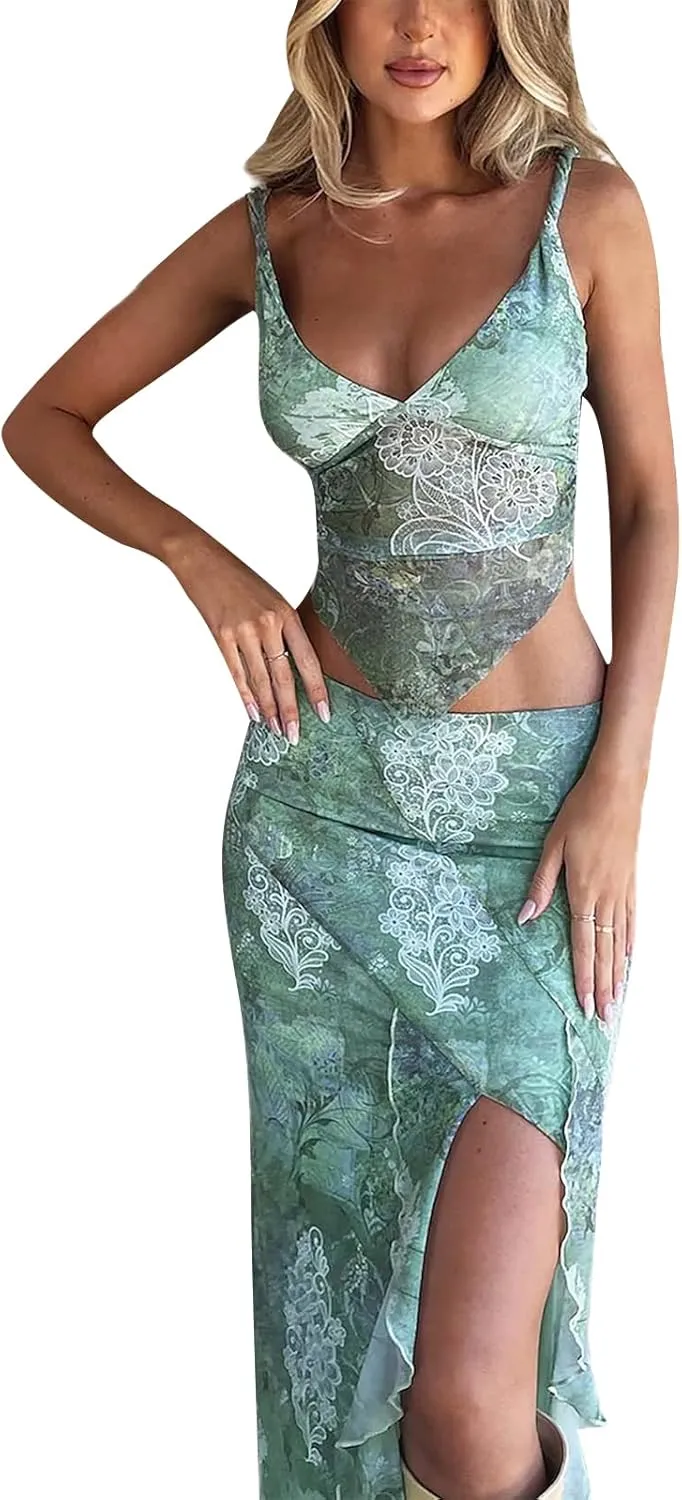 Maxi Skirt Sets Women 2 Piece Outfits Sexy Strapless Crop Tube Top Bodycon Long Skirts Y2K Skirt Set Beachwear