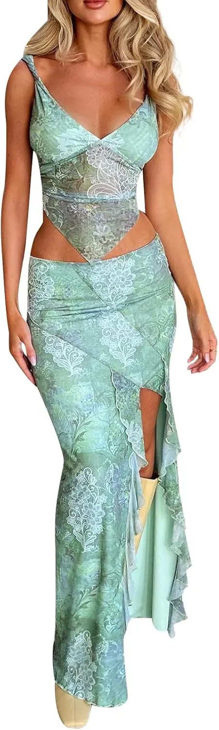 Maxi Skirt Sets Women 2 Piece Outfits Sexy Strapless Crop Tube Top Bodycon Long Skirts Y2K Skirt Set Beachwear