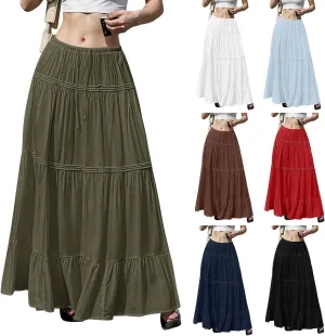 Maxi Skirts for Women Trendy Drawstring High Waisted Flowy Tiered Linen Skirt Pleated Ruffled A-Line Long Skirts