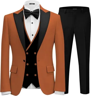 Men 3 Piece Tuxedo Suit Double Breasted Suit for Men Wedding Prom Slim Fit Blazer Vest Pants with Bow Tie