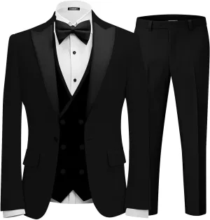 Men 3 Piece Tuxedo Suit Double Breasted Suit for Men Wedding Prom Slim Fit Blazer Vest Pants with Bow Tie