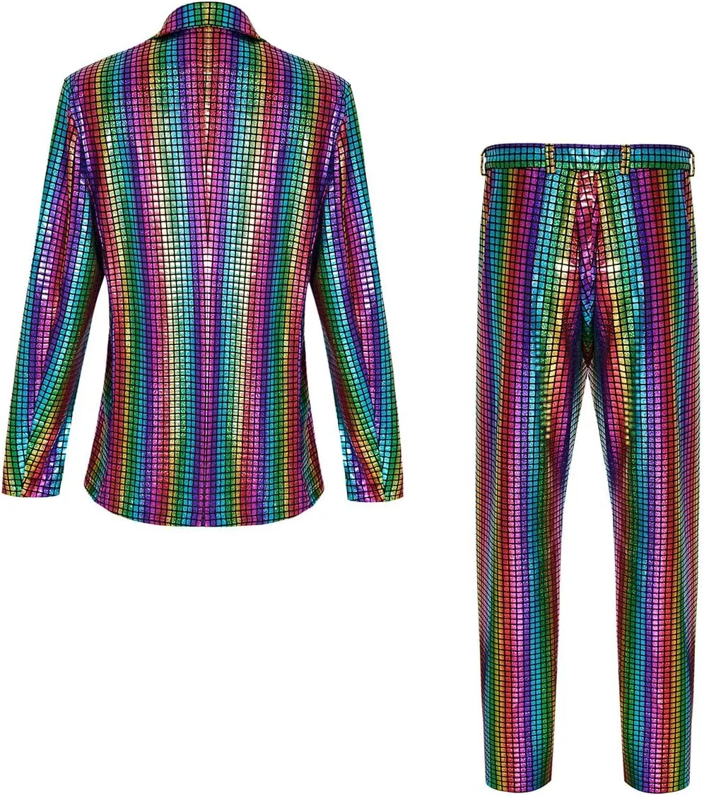 Men's 70s Disco Suit Set with Metal Sequin Jacket and Pants