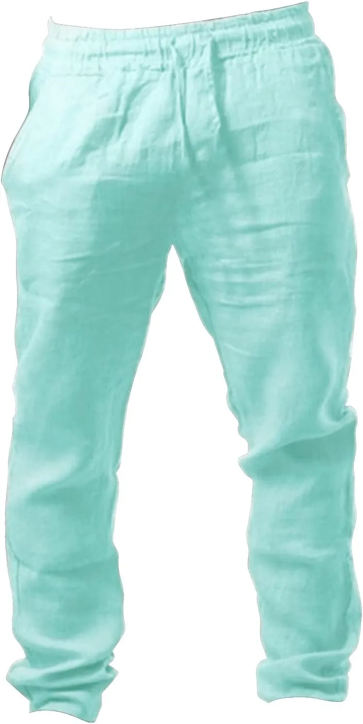 Mens Breathable Cotton Linen Casual Pants with Drawstrings Straight Leg Loose Fit Trousers for Men Solid Pleated Sweatpants