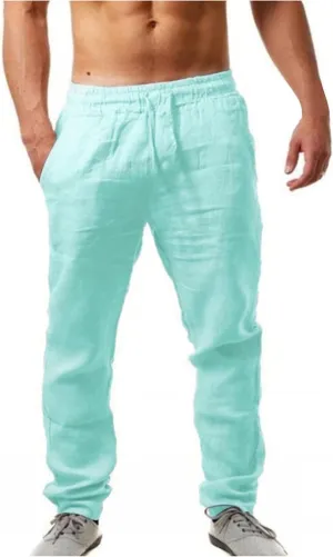 Mens Breathable Cotton Linen Casual Pants with Drawstrings Straight Leg Loose Fit Trousers for Men Solid Pleated Sweatpants