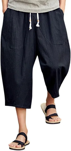 Mens Cotton Linen Hippie Harem Pants Baggy Linen Boho Yoga Pants Loose Casual Drop Crotch Trouser Drawstring Waist Sweatpants