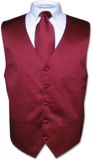 Men's Dress Vest & NeckTie Solid BURGUNDY Color Neck Tie Set for Suit or Tuxedo