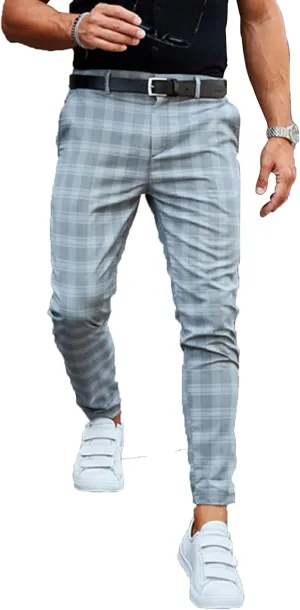 Mens Stretch Slim Fit Plaid Dress Pants with Pockets Checks Pattern Chino Trousers Fashion Casual Elasticity Button Pant (Blue,Small)