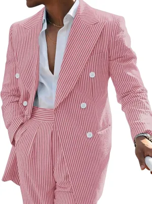 Men's Striped Seersucker Suits 2 Piece Slim Fit Wedding Tuxedo Summer Beach Leisure Suits Sets