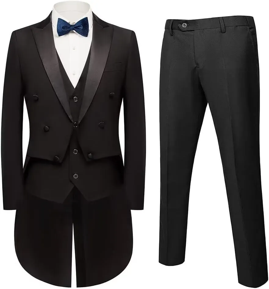 Mens Suits 3 Piece Slim Fit Formal Tailcoat Blazer Pants Vest Set for Performance Long Tail Tuxedos Wedding Dress Coat